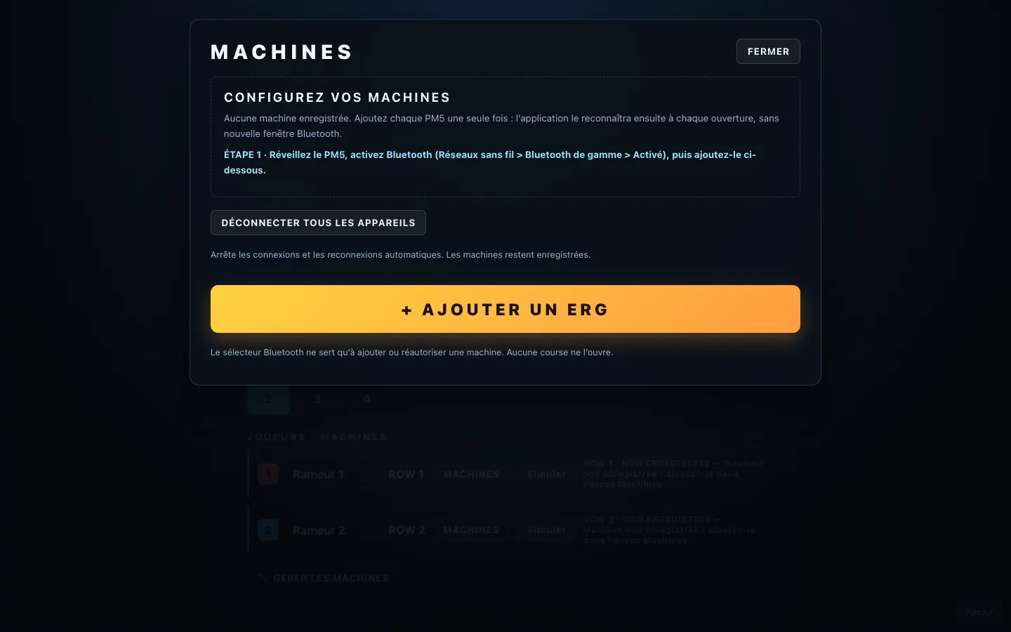 Écran Machines de l’application, avec ajout et gestion des PM5.